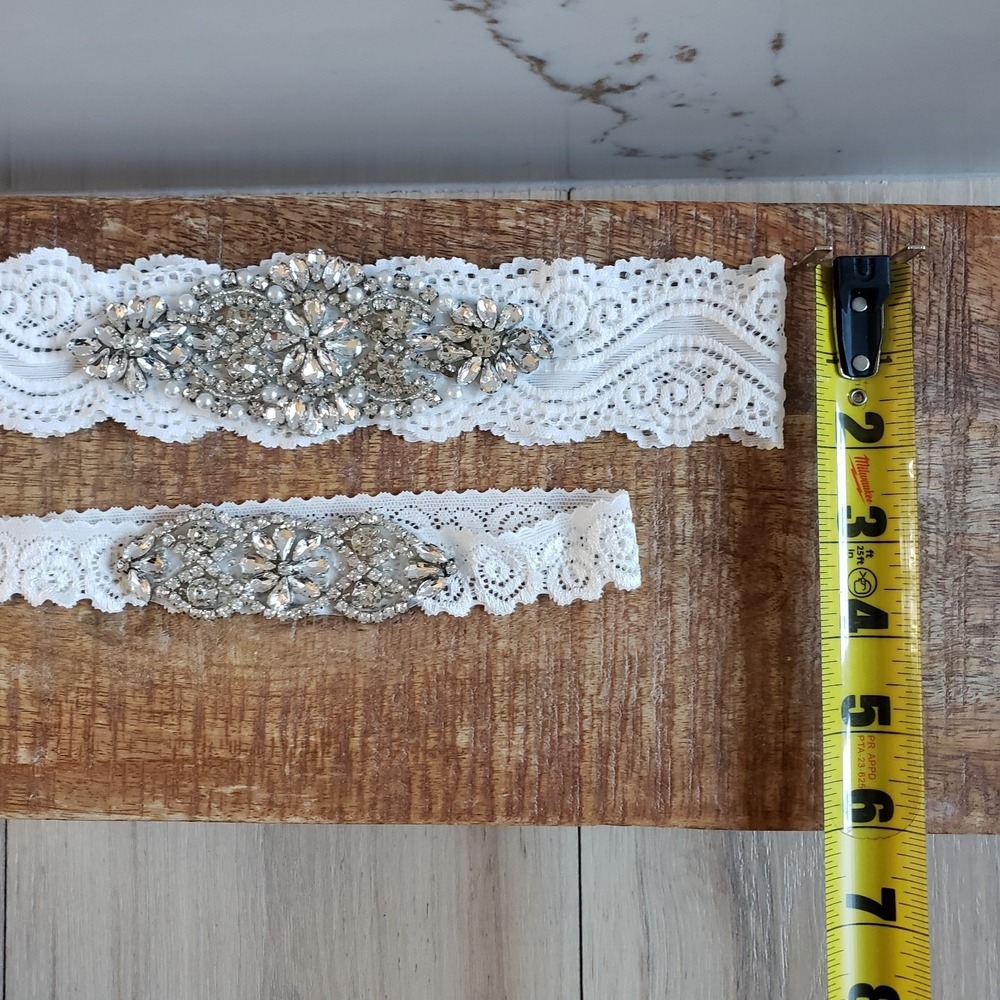 Bridal Garter Set White Rhinestone Crystal Lace Wedding 2 Piece Set Prom - Picture 5 of 5